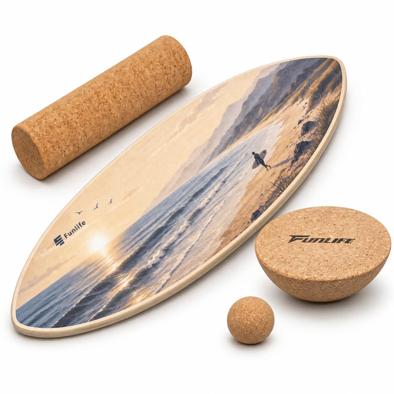 funlife-surf-balance-board-holz-80x30-korkrolle-sandbeige-150kg image 1