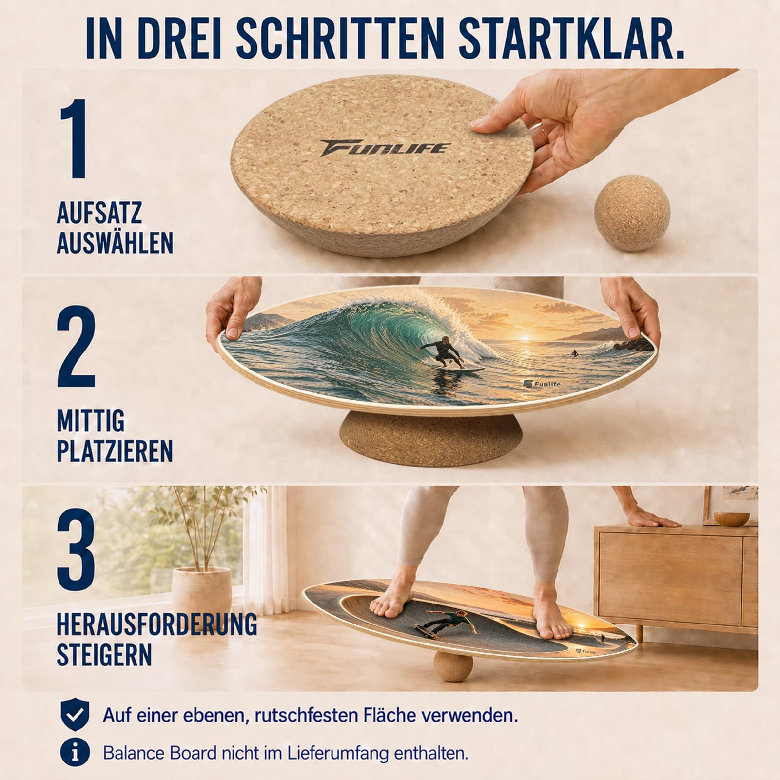funlife-surf-balance-board-holz-80x30-korkrolle-sandbeige-150kg image 8