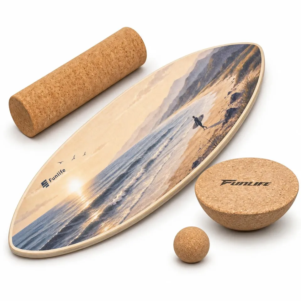 funlife-surf-balance-board-holz-80x30-korkrolle-sandbeige-150kg image 1