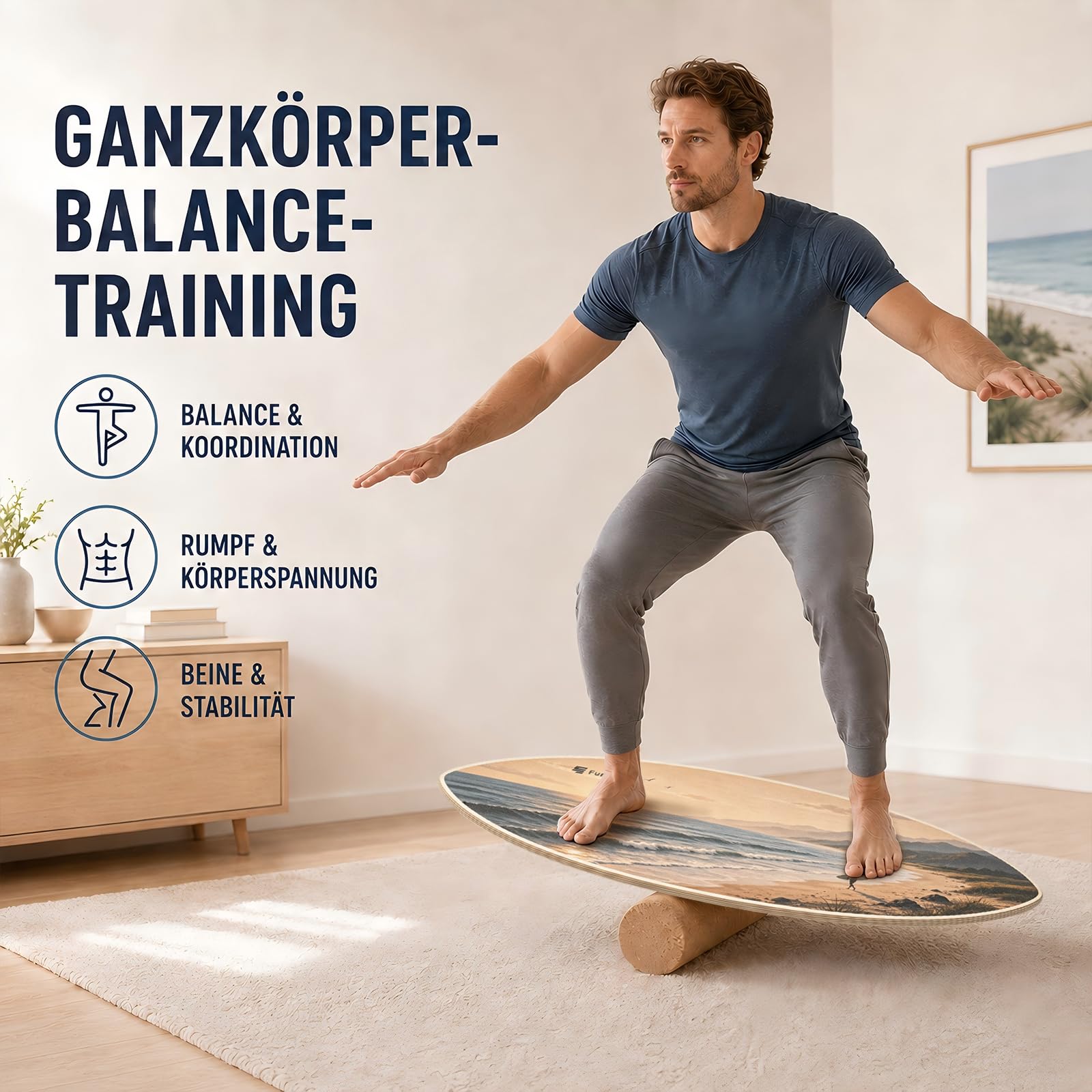 funlife-surf-balance-board-holz-80x30-korkrolle-sandbeige-150kg image 2